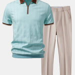 Contrast Trim Textured Zipper Knit Polo & Tapered Trousers Set
