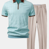 Contrast Trim Textured Zipper Knit Polo & Tapered Trousers Set