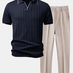 Geometric Jacquard Johnny Collar Polo & Slim Fit Tapered Trousers Set