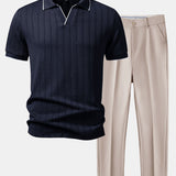 Geometric Jacquard Johnny Collar Polo & Slim Fit Tapered Trousers Set
