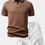 Geometric Jacquard Johnny Collar Polo & Elastic Waist Chino Shorts Set