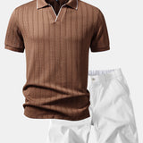 Geometric Jacquard Johnny Collar Polo & Elastic Waist Chino Shorts Set