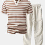 Stripe Waffle Johnny Collar Polo & Straight Leg Linen Pants Set