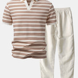 Stripe Waffle Johnny Collar Polo & Straight Leg Linen Pants Set