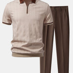 Contrast Trim Textured Zipper Knit Polo & Tapered Trousers Set