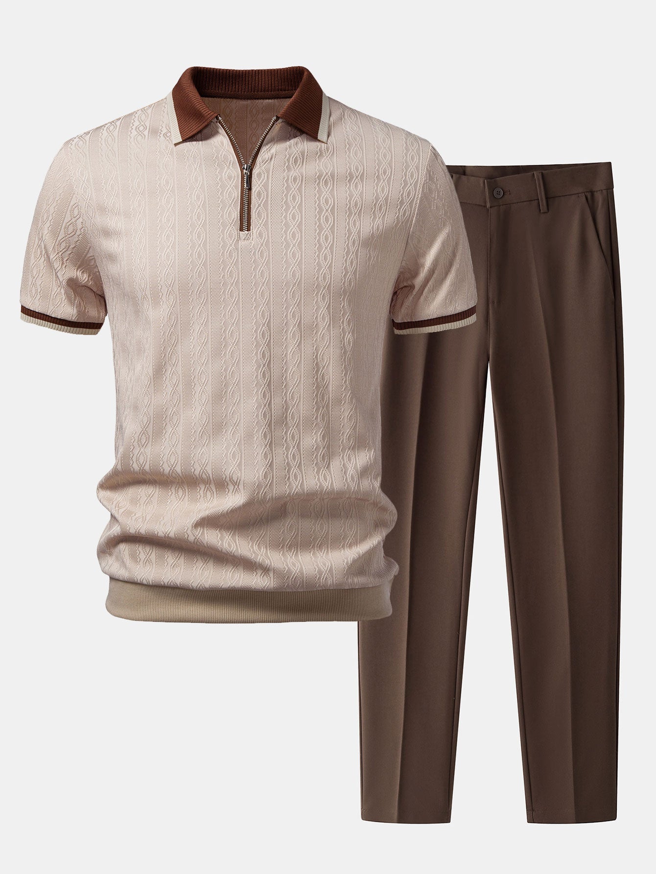 Contrast Trim Textured Zipper Knit Polo & Tapered Trousers Set