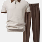 Contrast Zipper Knit Polo & Slim Fit Tapered Trousers Set