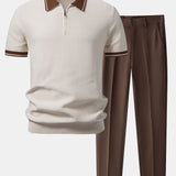 Contrast Zipper Knit Polo & Slim Fit Tapered Trousers Set