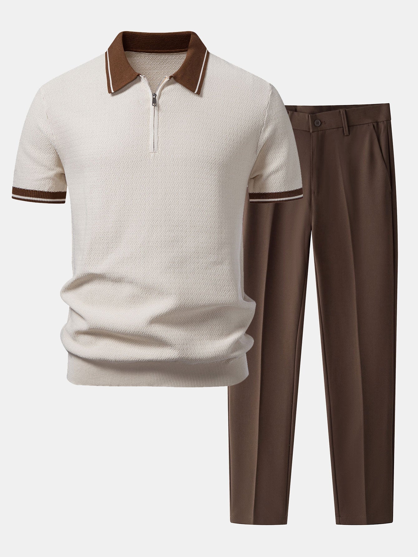 Contrast Zipper Knit Polo & Slim Fit Tapered Trousers Set