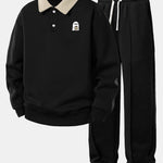 Ghost Drinking Coffee Print Contrast Polo Sweatshirt & Pleated Pintuck Set