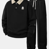 Ghost Drinking Coffee Print Contrast Polo Sweatshirt & Pleated Pintuck Set