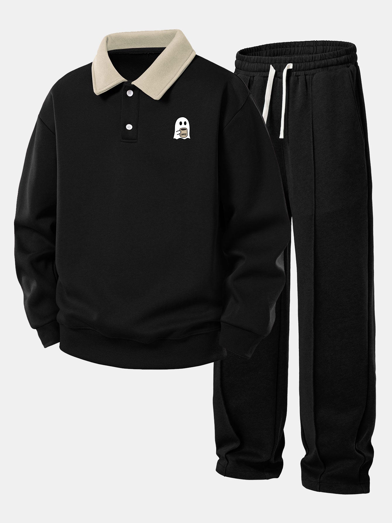 Ghost Drinking Coffee Print Contrast Polo Sweatshirt & Pleated Pintuck Set