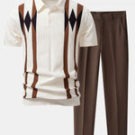 Stripe Geometric Jacquard Knitted Polo Shirt & Tapered Trousers Set
