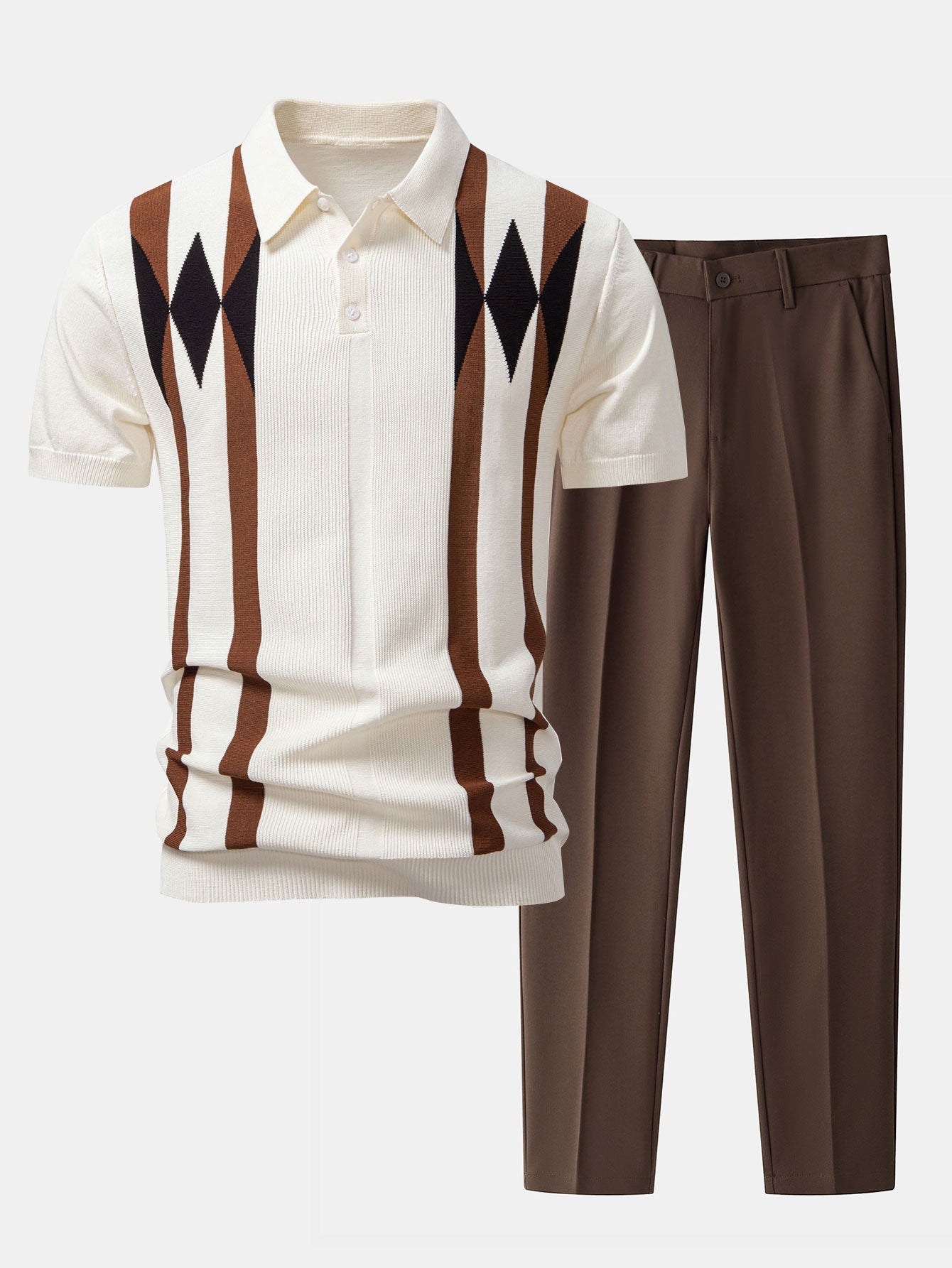 Stripe Geometric Jacquard Knitted Polo Shirt & Tapered Trousers Set