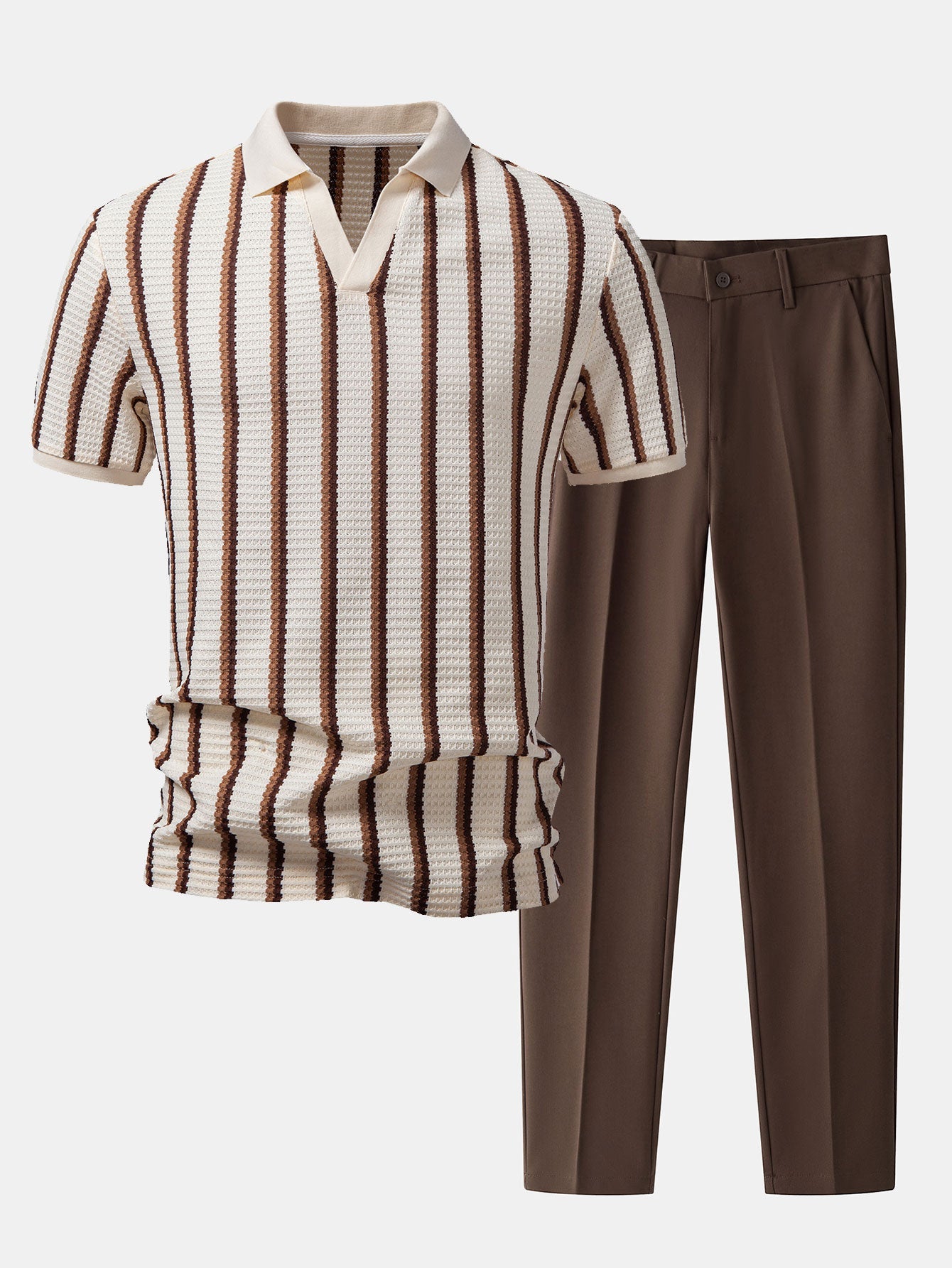 Waffle Stripe Johnny Collar Polo & Slim Fit Tapered Trousers Set