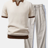 Contrast Textured Johnny Collar Knit Polo & Elastic Waist Trousers Set