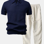 Textured Johnny Collar Crocheted Knit Polo & Linen Pants Set