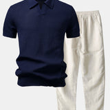 Textured Johnny Collar Crocheted Knit Polo & Linen Pants Set