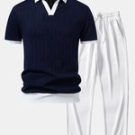 Contrast Geometry Jacquard Knit Polo & Straight Leg Ribbed Pants Set