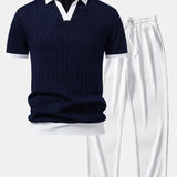 Contrast Geometry Jacquard Knit Polo & Straight Leg Ribbed Pants Set