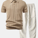 Geometric Jacquard Open Knit Polo & Straight Leg Linen Pants Set