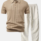 Geometric Jacquard Open Knit Polo & Straight Leg Linen Pants Set