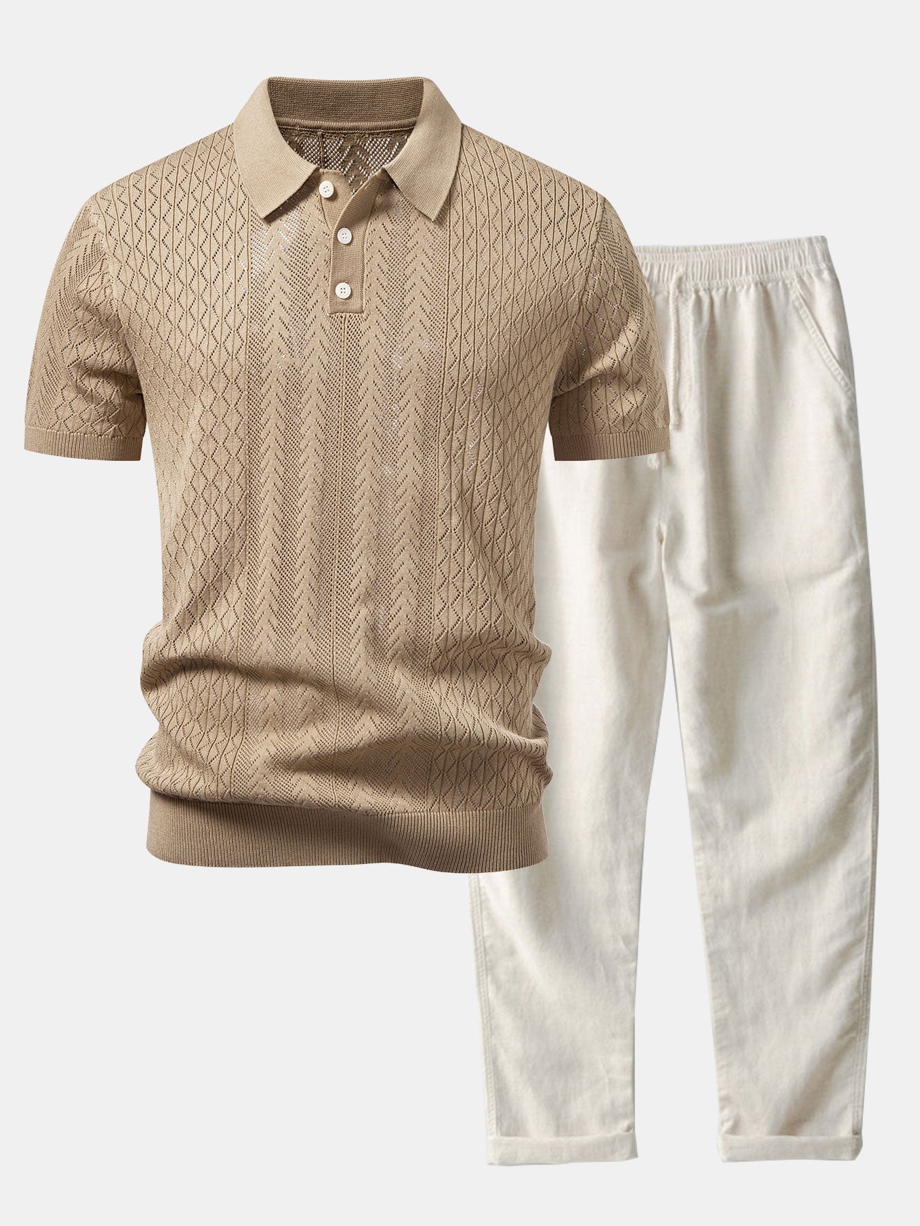 Geometric Jacquard Open Knit Polo & Straight Leg Linen Pants Set