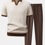 Contrast Textured Johnny Collar Polo & Slim Fit Tapered Trousers Set