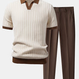 Contrast Textured Johnny Collar Polo & Slim Fit Tapered Trousers Set