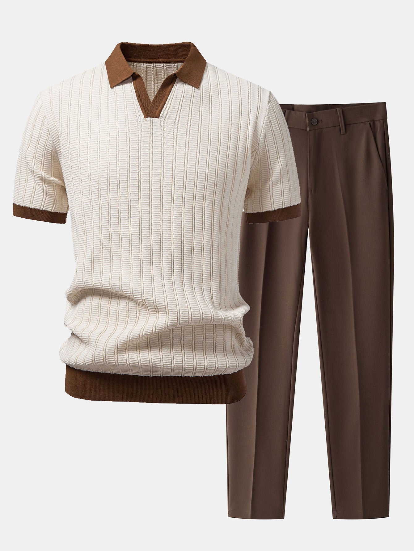 Contrast Textured Johnny Collar Polo & Slim Fit Tapered Trousers Set