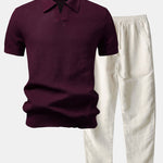 Textured Johnny Collar Crocheted Knit Polo & Linen Pants Set