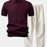 Textured Johnny Collar Crocheted Knit Polo & Linen Pants Set