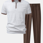 Contrast Trim Textured Zipper Knit Polo & Tapered Trousers Set