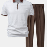 Contrast Trim Textured Zipper Knit Polo & Tapered Trousers Set