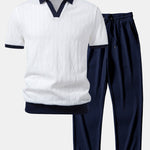 Contrast Geometry Jacquard Knit Polo & Straight Leg Ribbed Pants Set