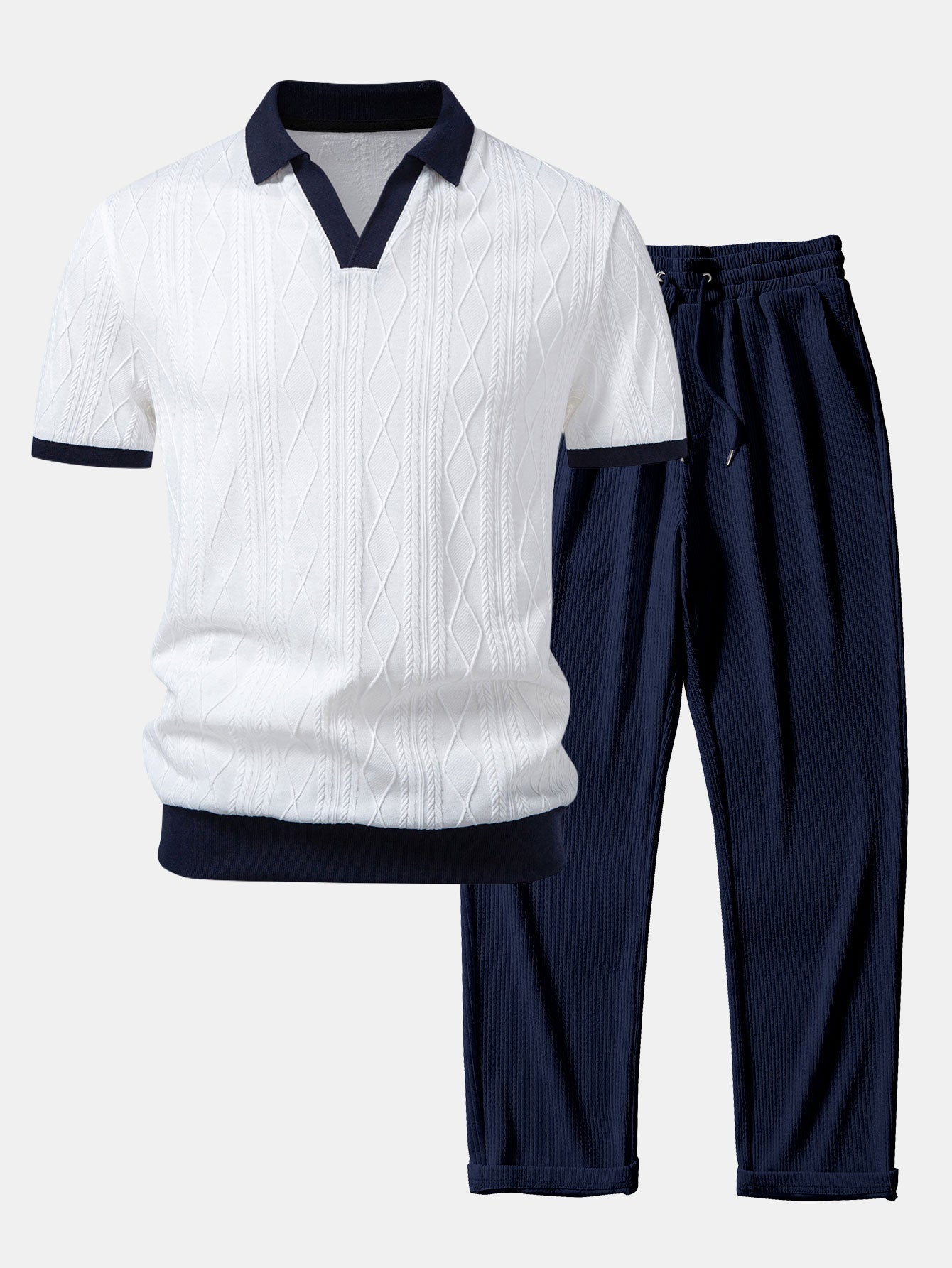 Contrast Geometry Jacquard Knit Polo & Straight Leg Ribbed Pants Set