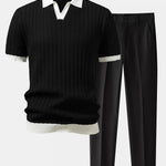 Contrast Textured Johnny Collar Polo & Slim Fit Tapered Trousers Set