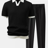 Contrast Textured Johnny Collar Polo & Slim Fit Tapered Trousers Set
