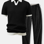 Contrast Textured Johnny Collar Knit Polo & Elastic Waist Trousers Set