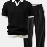 Contrast Textured Johnny Collar Knit Polo & Elastic Waist Trousers Set