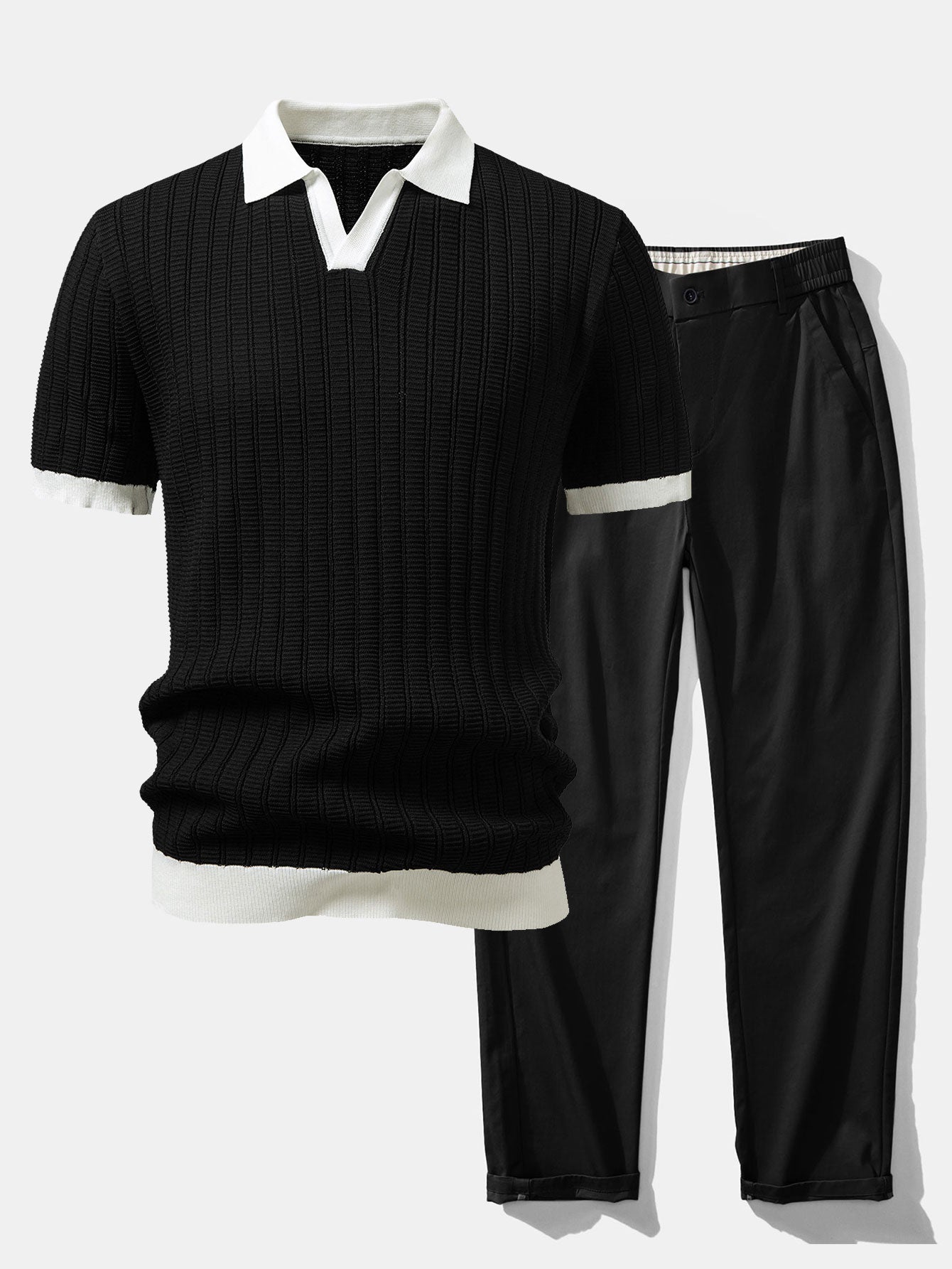Contrast Textured Johnny Collar Knit Polo & Elastic Waist Trousers Set