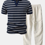Stripe Waffle Johnny Collar Polo & Straight Leg Linen Pants Set