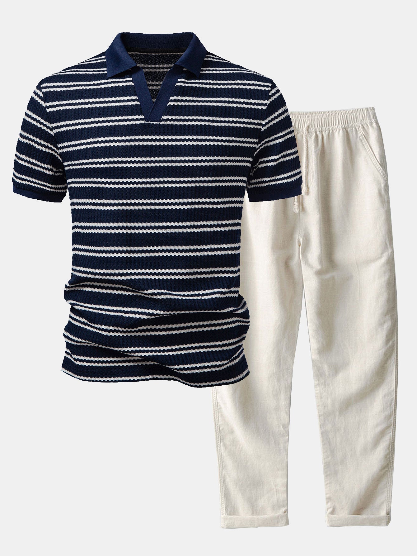 Stripe Waffle Johnny Collar Polo & Straight Leg Linen Pants Set