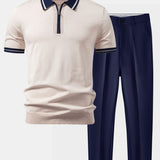Contrast Trim Zipper Knit Polo & Slim Fit Tapered Trousers Set