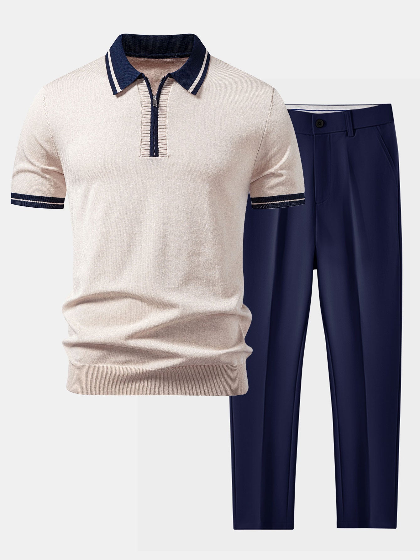 Contrast Trim Zipper Knit Polo & Slim Fit Tapered Trousers Set