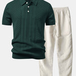 Geometric Jacquard Open Knit Polo & Straight Leg Linen Pants Set