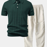 Geometric Jacquard Open Knit Polo & Straight Leg Linen Pants Set