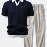 Contrast Textured Johnny Collar Knit Polo & Elastic Waist Trousers Set