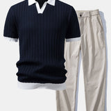 Contrast Textured Johnny Collar Knit Polo & Elastic Waist Trousers Set