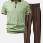 Contrast Trim Textured Zipper Knit Polo & Tapered Trousers Set